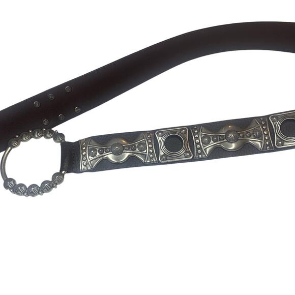 Chicos Genuine Leather Studded Belt L Silver Metal Aztec Steam Punk Ring Clasp - Picture 4 of 7